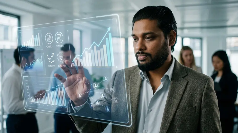 Digital marketer analyzing AI search citations and revenue metrics on a modern holographic interface