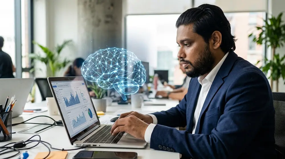 Holographic neural network overlaying an SEO data dashboard on a laptop