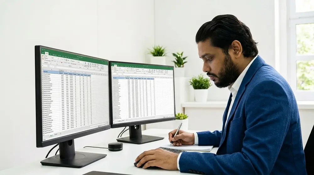 SEO professional analyzing keyword clusters on dual monitors in a clean office