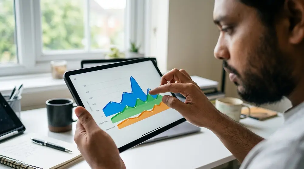 Hand interacting with a 3D organic traffic growth chart on a digital tablet