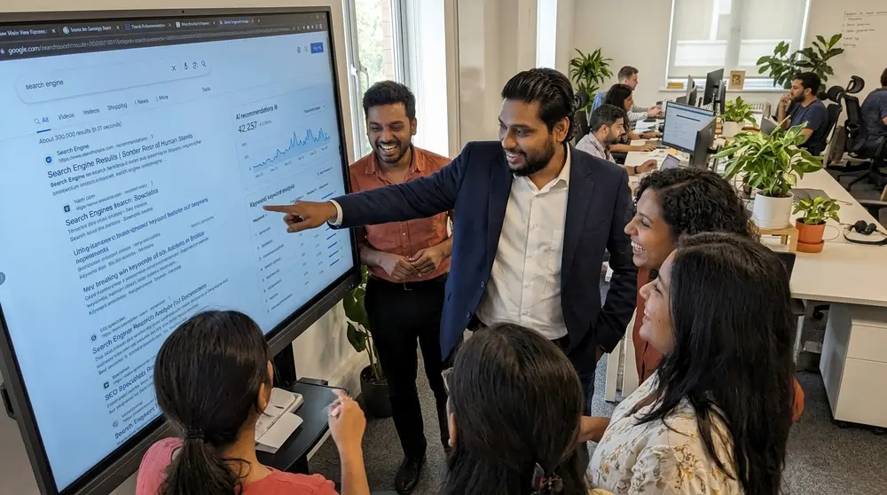 SEO team collaborating on a large touchscreen showing search engine results page data