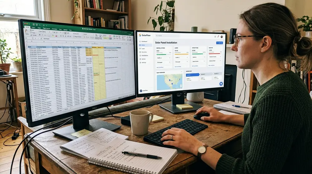 Comparison between a cluttered manual spreadsheet and a streamlined vertical SaaS dashboard for renewable energy workflows.