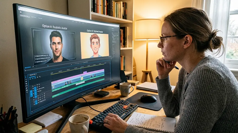 Professional workstation showing AI video generation software with digital human avatars and editing timeline