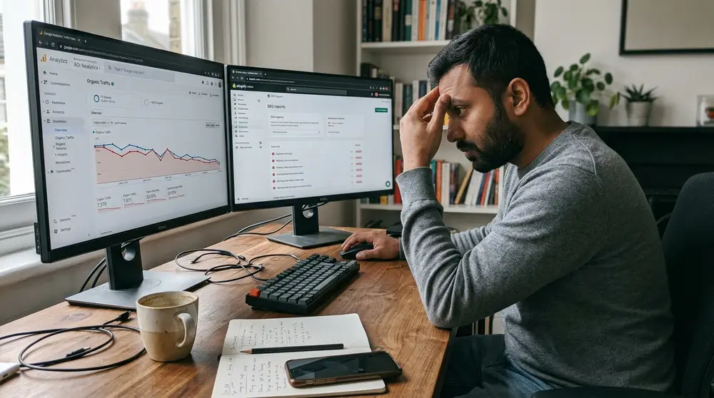 E-commerce store owner analyzing Shopify SEO issues and traffic drop on a dual-monitor setup at a wooden desk