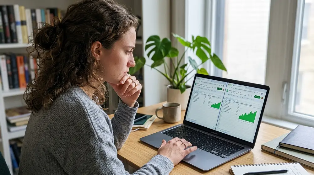 E-commerce business owner monitoring organic traffic growth on a laptop