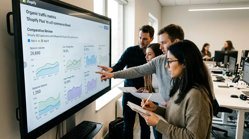 Marketing team analyzing Shopify SEO performance data on a large screen