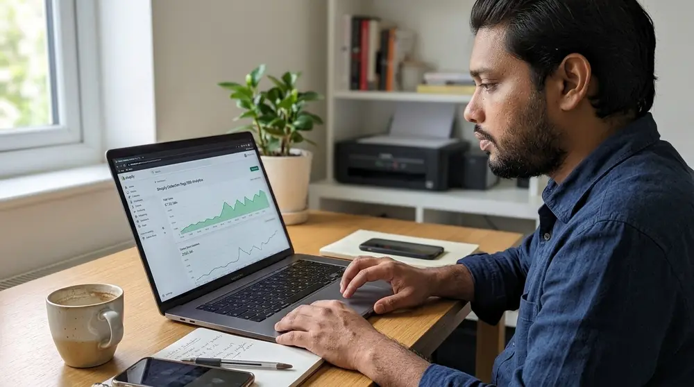 Shopify analytics dashboard showing significant organic traffic growth on a laptop screen