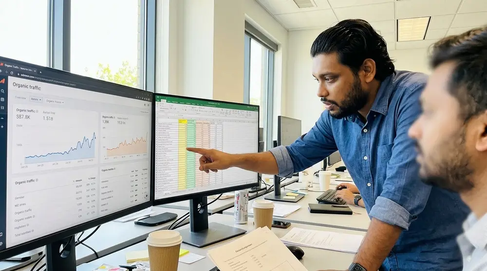 SEO analyst comparing page-level traffic data on dual monitors in a modern office.