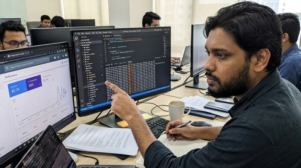 Software engineer reviewing server logs and crawl errors on a desktop screen.