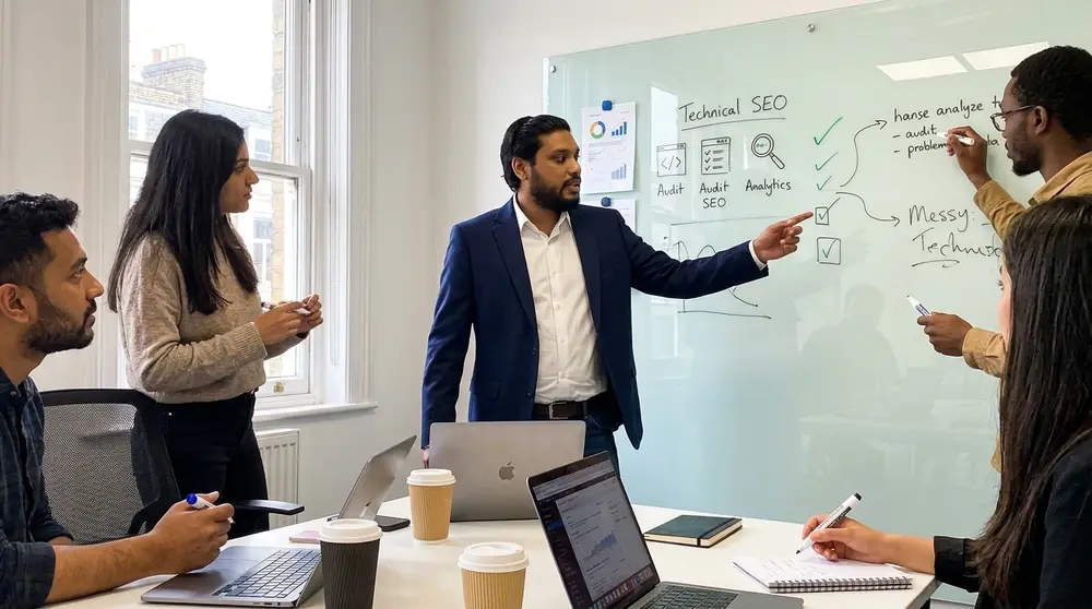 Marketing team writing a technical SEO audit checklist on a glass whiteboard.