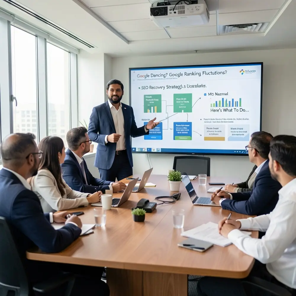 SEO consultant presenting a traffic recovery strategy slide to corporate executives.
