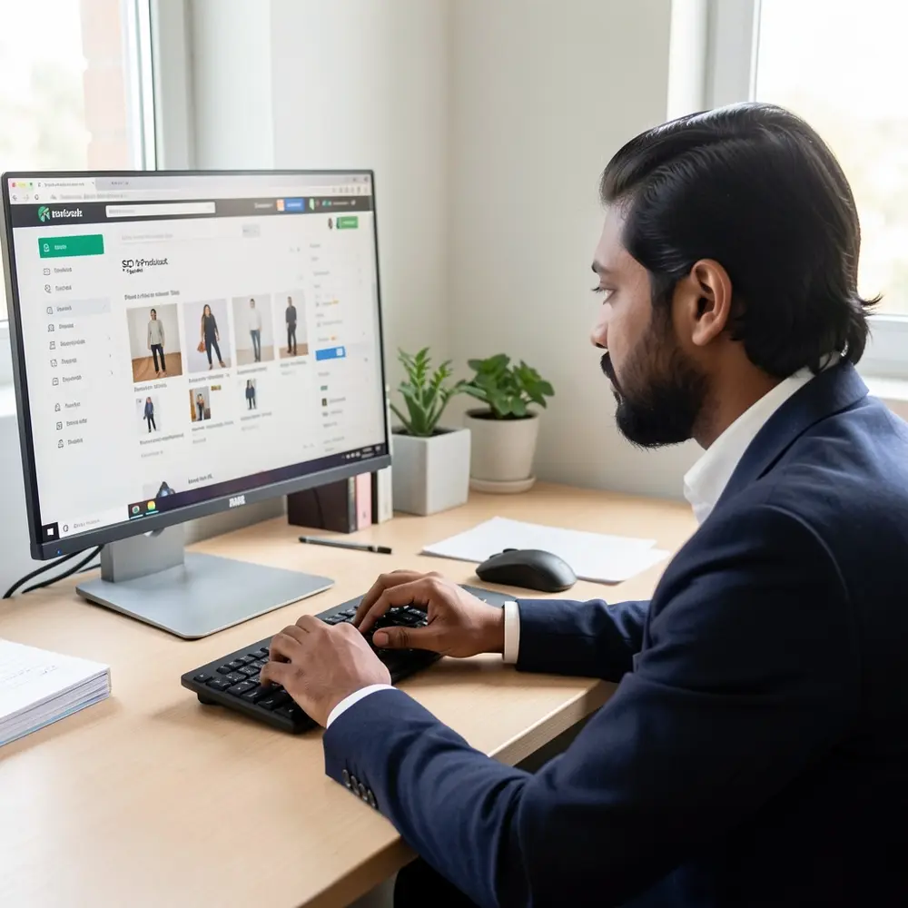A desktop monitor displaying an ecommerce product backend with SEO fields filled out.