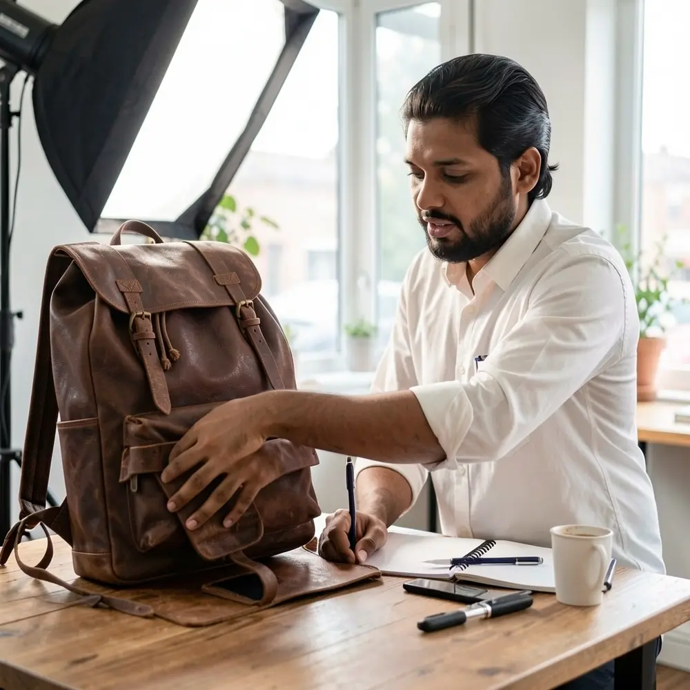 A leather backpack positioned in a bright photo studio with professional lighting gear.
